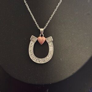 Horseshoe Pendant Necklace with Rose Gold Heart Accent